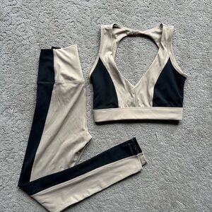 Beige and Black Colorblock Sports Bra & Leggings Set
